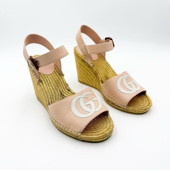 Gucci GG Pink Espadrille Gold Wedge Sandals EU 38, US 8 - Picture 1 of 10